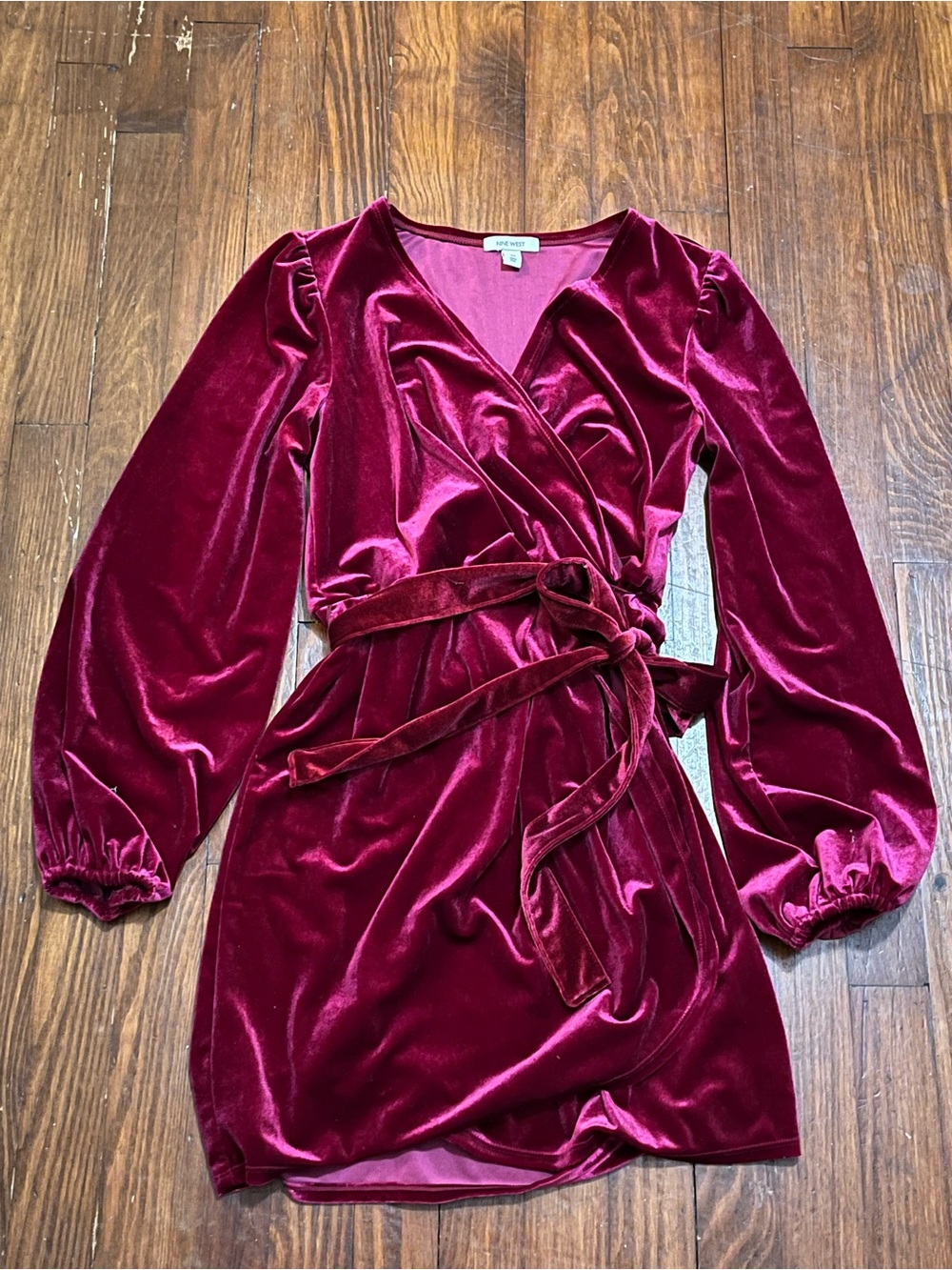 Nine West Deep Wine Velvety Velour Wrap Dress with Tie Waist